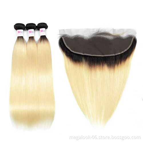 Cuticle Aligned Raw Virgin Straight Ombre 1B 613 Blonde Human Hair Bundles With Frontal